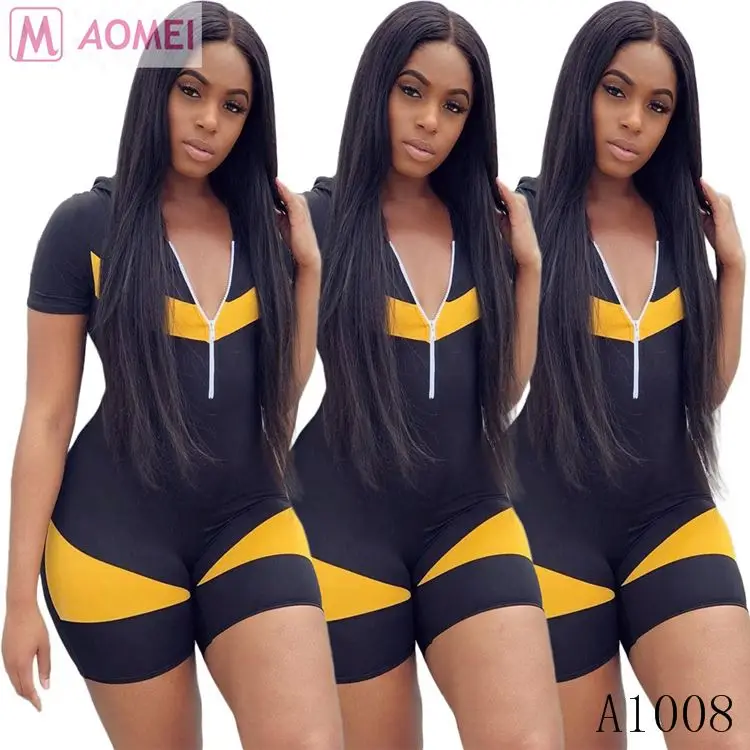 

A1008 Newest contrast color zipper hooded bodycon romper for women summer wear