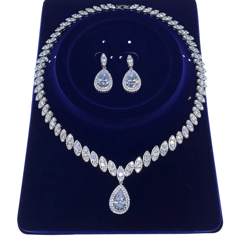 

RE3670 Shiny Cubic Zircon Tear Drop Necklace Earrings Set Diamond Marquise Wedding Jewelry set