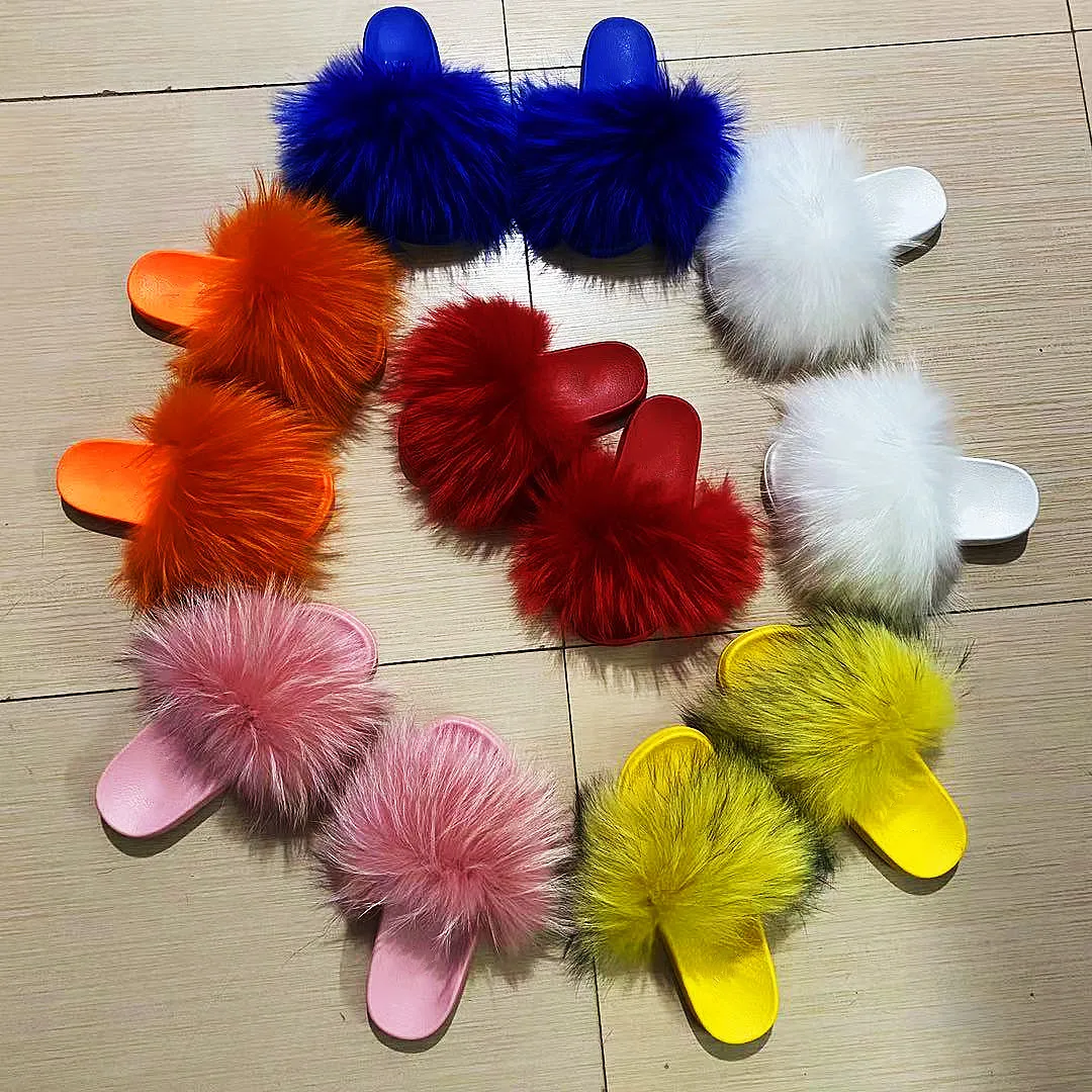 

big size raccoon fur wholesale OPEN TOE women fur slippers fur slides