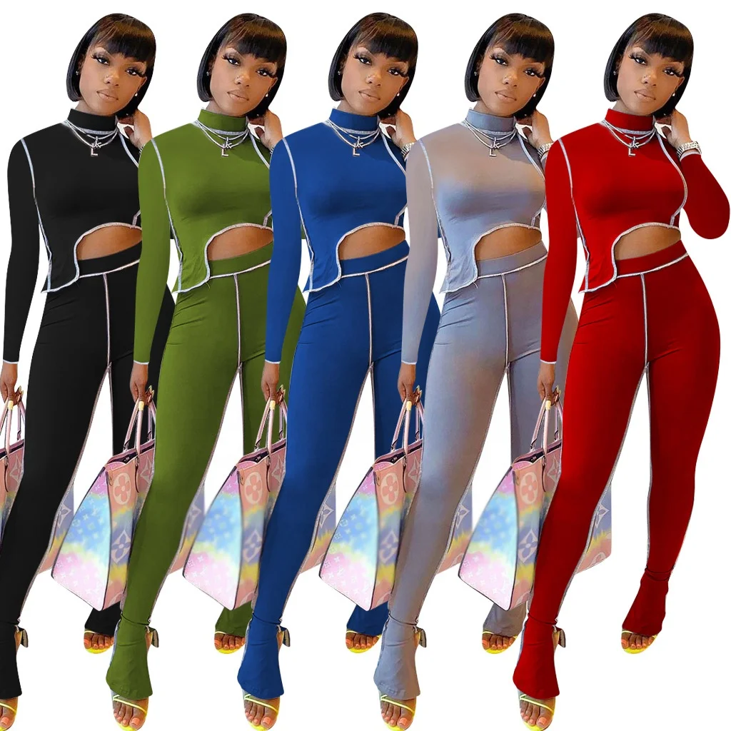 

2021 Fall Clothing Women Cool Line 2 Piece Set Slim Slit Stacked Long Pants Asymmetrical Blouse Fitness Jogger Casual Tracksuit