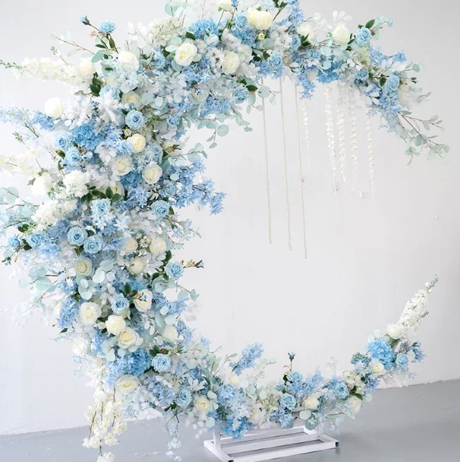 Vv276 2024 New Design Moon Shaped Flower Arch Light Blue Backdrop Arch With Bracket for Proposal Wedding Home Event Decoration