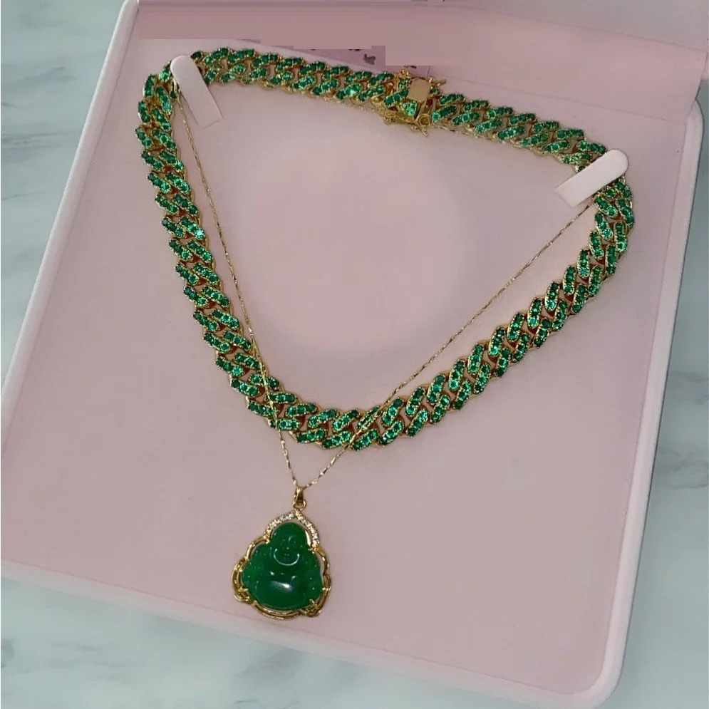 

14mm width gold plated emerald green cubic zirconia green cz cuban choker women necklace, Silver