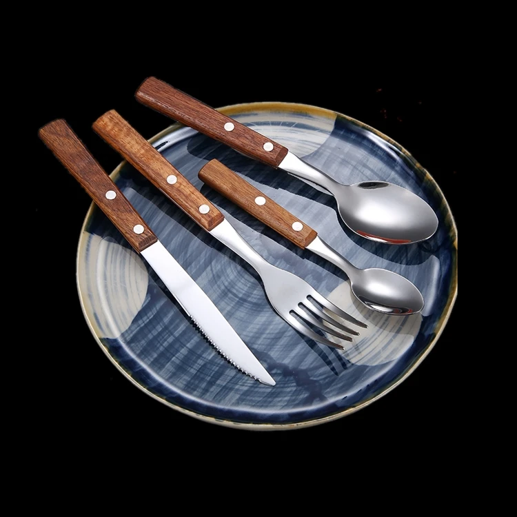 Fourchettes,Couteaux Authda Ménagère couverts de table 18 pièces,Ménagère Acier Inoxydable avec de manches en bois Cuillères 