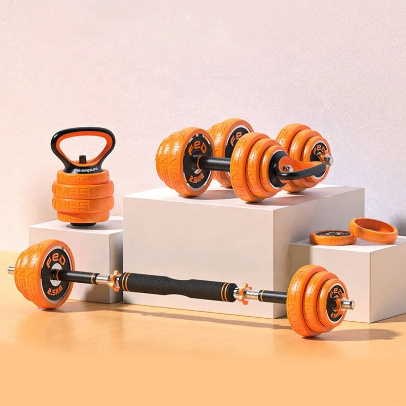 

Home fitness multi-functions Rubber coat iron cast dumbbell 15kg/20kg/30kg detachable barbell/kettlebell/FED dumbbells set, Orange, black