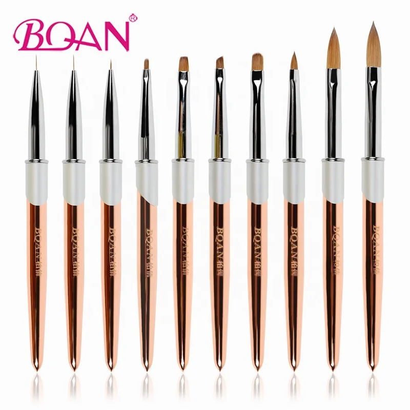 

100% Pure Sable Hair Oval Acrylic Liner Nail Art Brushes Set 3D Rose Gold Metal Handle Uv Gel Painting Nail Brush