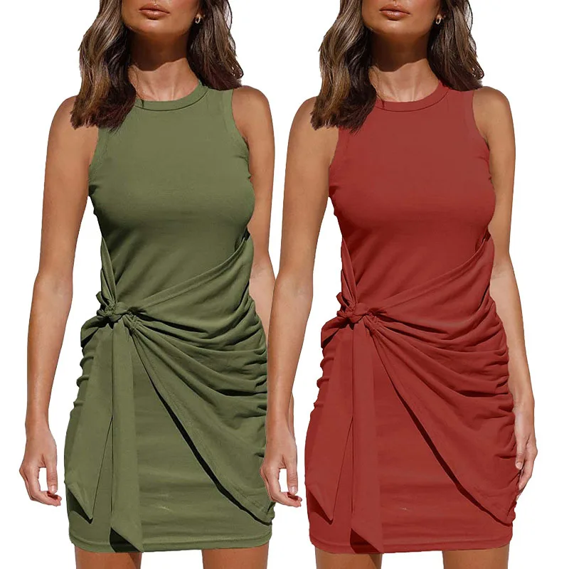 

Summer Women Elegant Solid Sleeveless O Neck Pleated Bow Belt Irregular Casual Mini Plus Size Dress, 14 colors