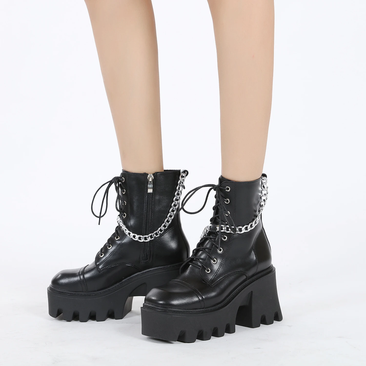 

Chain side zipper lace up cool girl boots ladies 5 cm goth punk martin boots women shoes wholesale large size shoes women, Black