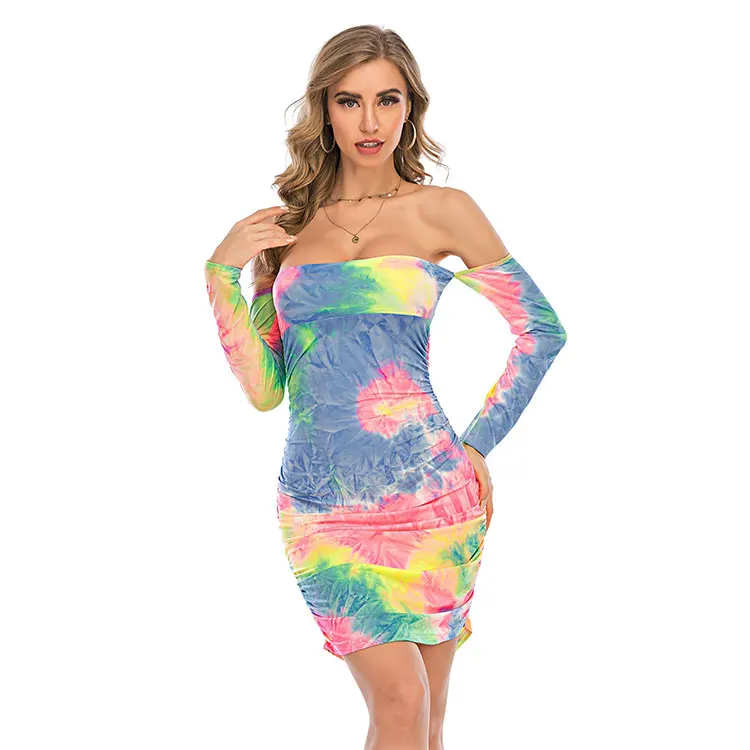 

Hot Selling Long-Sleeved Tie-Dye Strapless Bodycon Stretchy Dress Women Sexy, As shown in the pictures, color can be customized.