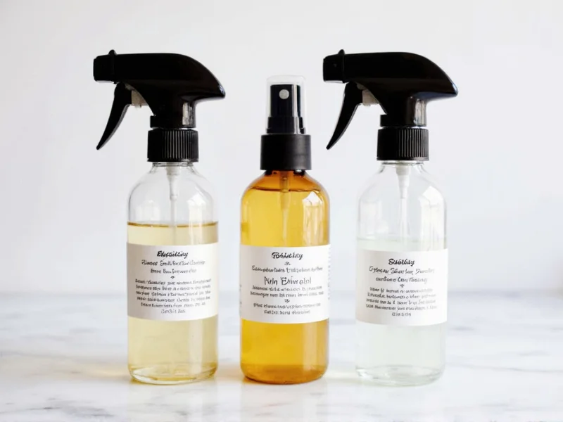 Three labeled glass spray bottles with homemade disinfectant recipes