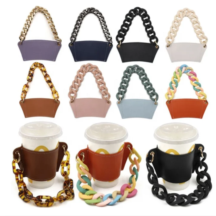 

Leather Chain Coffee Cup Holder Drink Case Bag Sleeves Multicolor PU Bottle Cover Glass Cup Carrier with Detachable Chain Handle, As pictures/ or customized colors