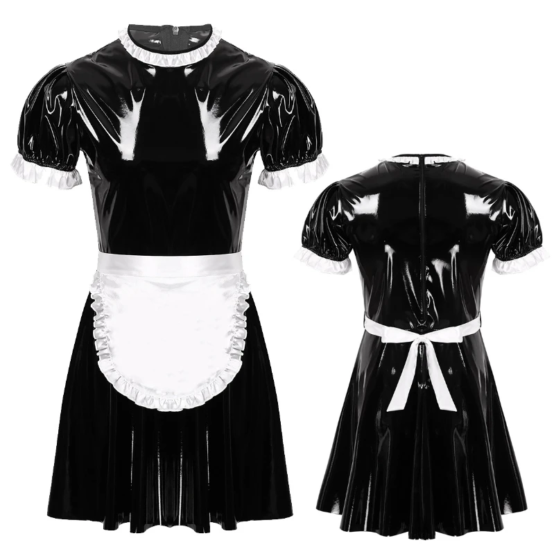 

iEFiEL Patent Leather Men Sissy Maid Costume Cosplay Outfit Maid Servant Uniform with Apron Sexy Lingerie Clubwear