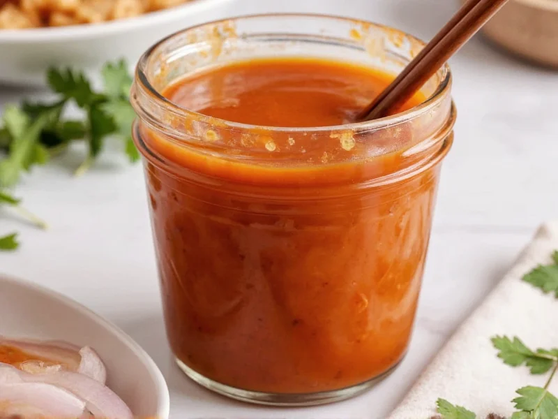 Homemade General Tso sauce in glass jar with chopsticks