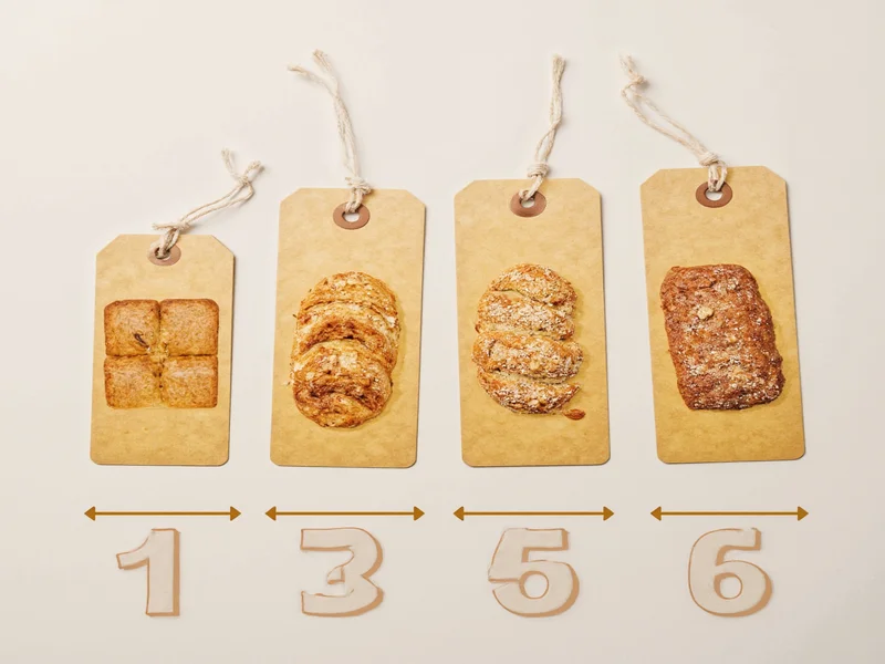 Bakery product tags showing size-based numbering system