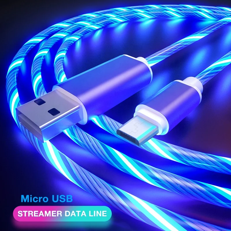 

NEW 1M Car LED Flowing Light data Mobile Phone Charger Wire Cord Micro USB Type C 8 Pin charging cable For iPhone Samsung galaxy, Blue/green/pink/rainbow