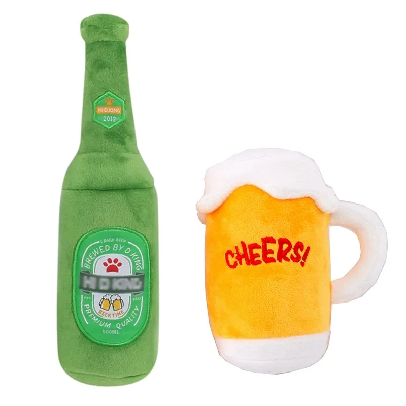 

Squeaky Beer Bottle Shape Pet Chew Toy Plush Beer Toy Beer Can Dog Toys, Green, yellow