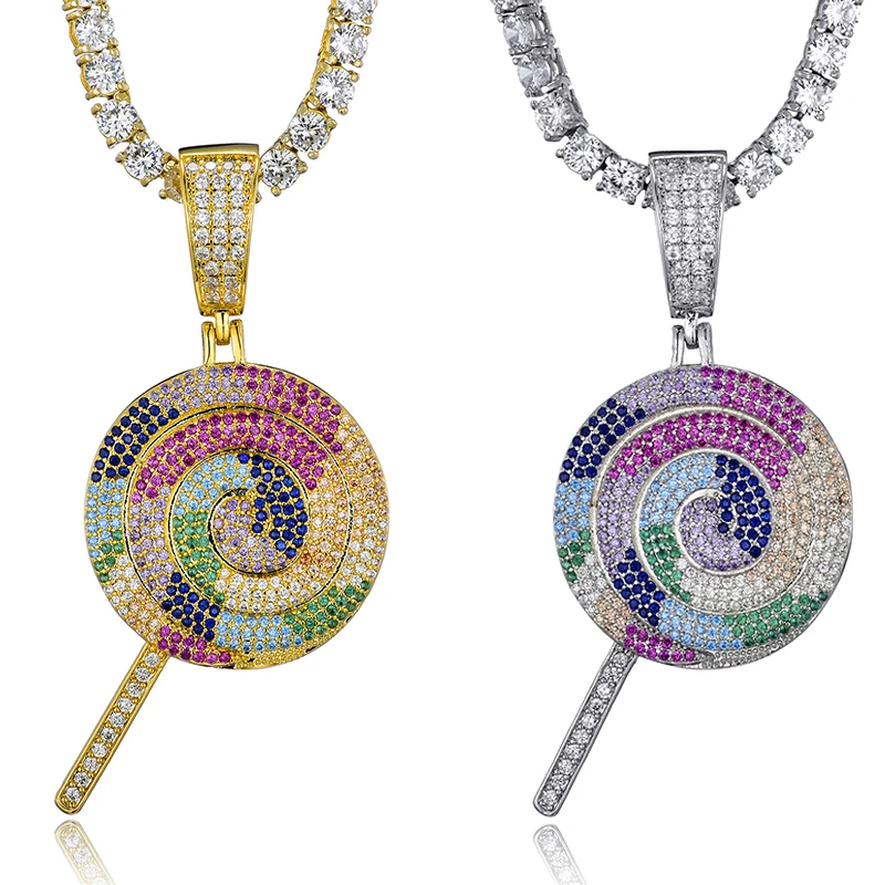 Hip Hop Rapper Cute Rainbow Lollipop Candy White Gold Silver Bling AAA+ Zircon Copper Pendant Chain Necklaces Punk Jewelry