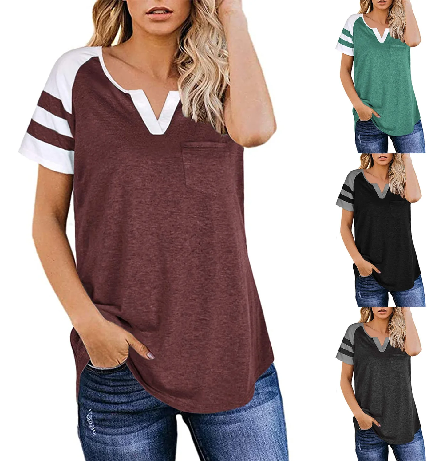 

Wholesale Amazon Hot Sale Solid Color v Neck Tracksuit Casual Stitching t Shirt Cotton Sexy Ladies' Blouses & Tops, Shown