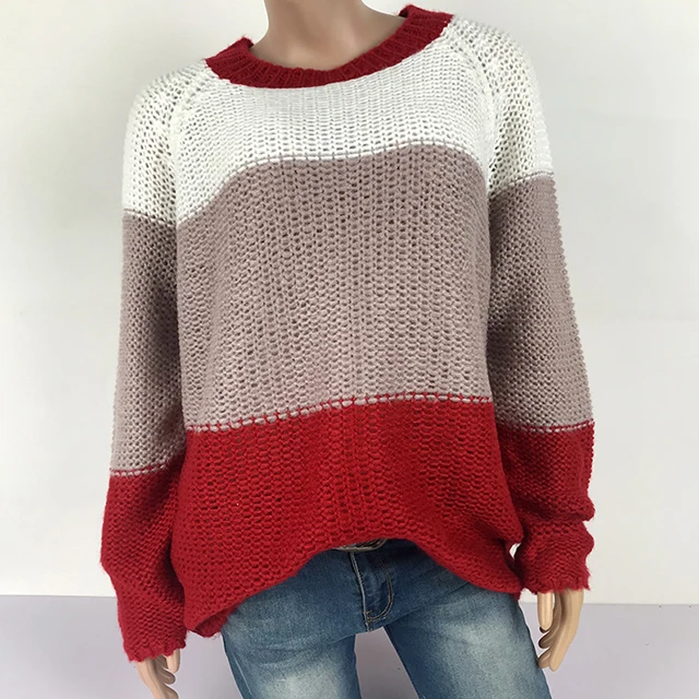 

2021 Ladies Pullover Long sleeve Loose Jumper Striped Contrast Color Women Autumn Knitted Sweater, Customized color