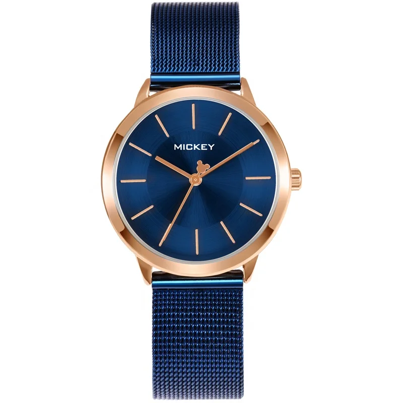 

Dark Blue Color Plated Sundial Stainless Steel Mesh Band Women Wristwatch Case