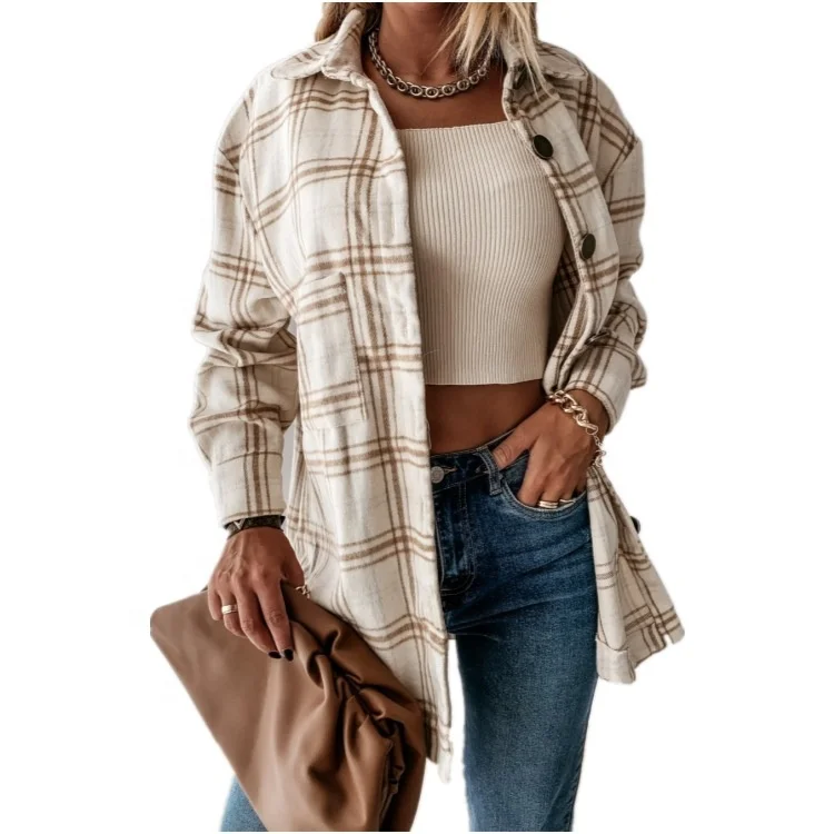 

2021 Women Clothing Long Sleeve Button Down Plaid Flannel Blouse Shirt, As pictures