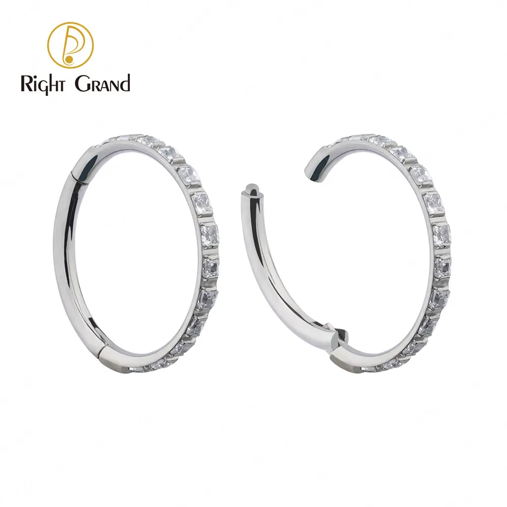 

Right Grand ASTM F136 Implant Grade Titanium Square Clear CZ Hinged Segment Conch Piercing Hoops