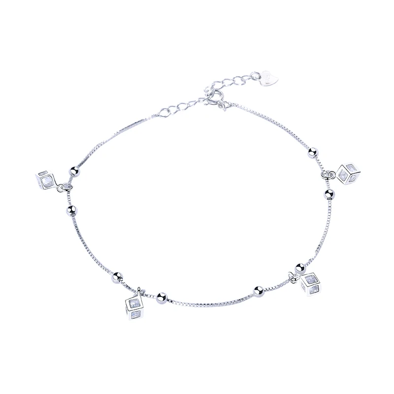 

Japanese and Korean simple stencil cube zircon beads sterling silver anklet