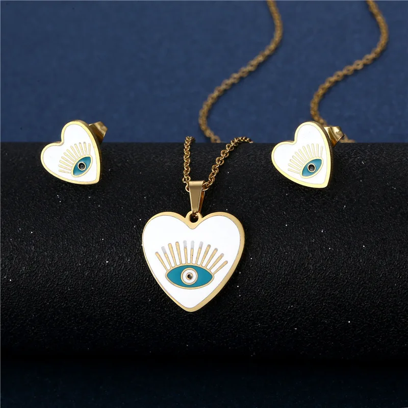 GT Hot Selling Stainless Steel Drop Oil Heart Necklace And Earring Set Fashion 18k Gold Plated Earring Necklace Sets