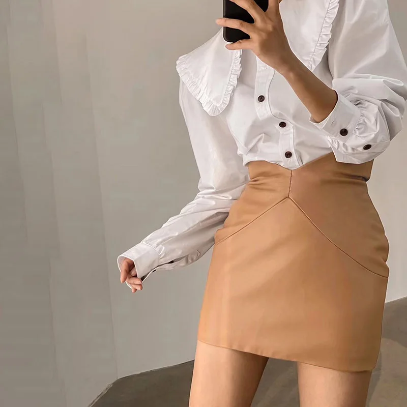 

Casual Faux Leather Mini Skirt khaki Black High Waist Leather Skirts For Ladies