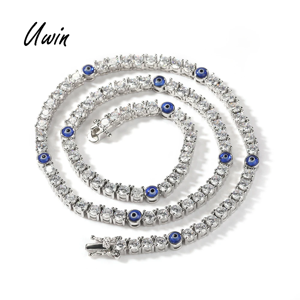 

UWIN Chic 4mm Turkish Blue EvilEye Necklace 18K Gold Plated Jewelry Set Women Men Unisex Rapper Jewellery, Gold, silvery,rose gold in stock, custom color acceptable