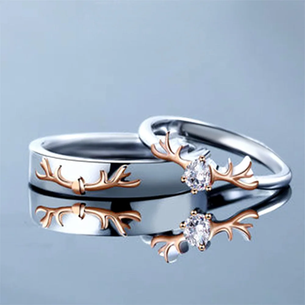 

New Vintage Style Cute Deer Women Christmas Gift Elk Antler silver 925 Antler couple Ring Jewelry