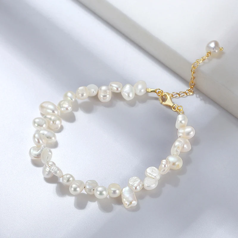 

fine jewelry 925 Sterling Silver 5-6mm natural Freshwater Cultured Baroque Pearl Bracelet for women Gold Plated Wholesale