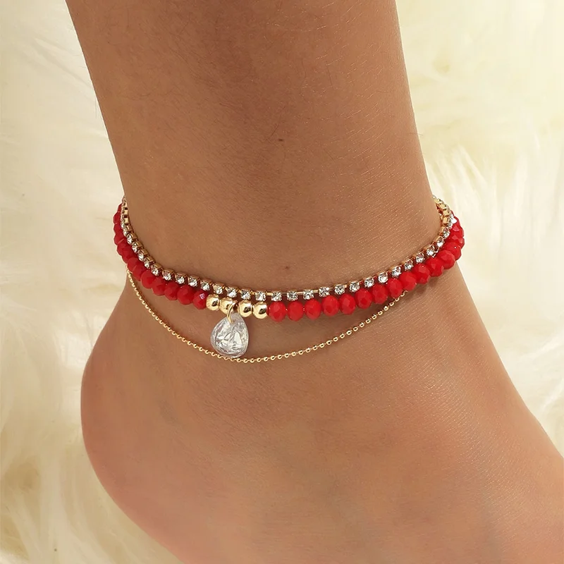 

Hot Summer First Foot Jewelry Double Chain Crystal Pendant Anklet Holiday Gift Temperament Wild Red Beaded Anklet, Picture shown