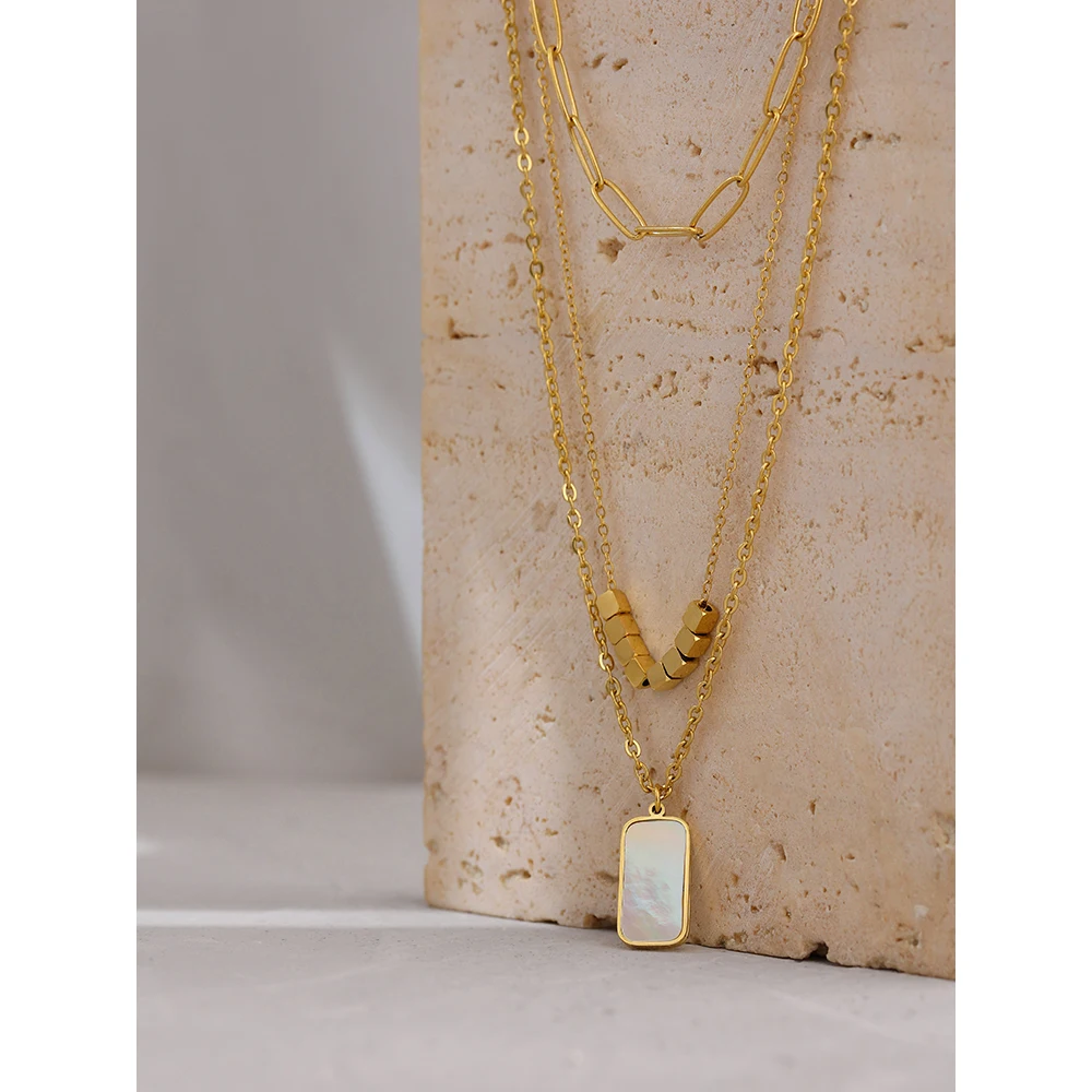 

JINYOU Natural Shell Square Pendant Gold Necklace Jewelry 316L Stainless Steel Layered Collar Necklace
