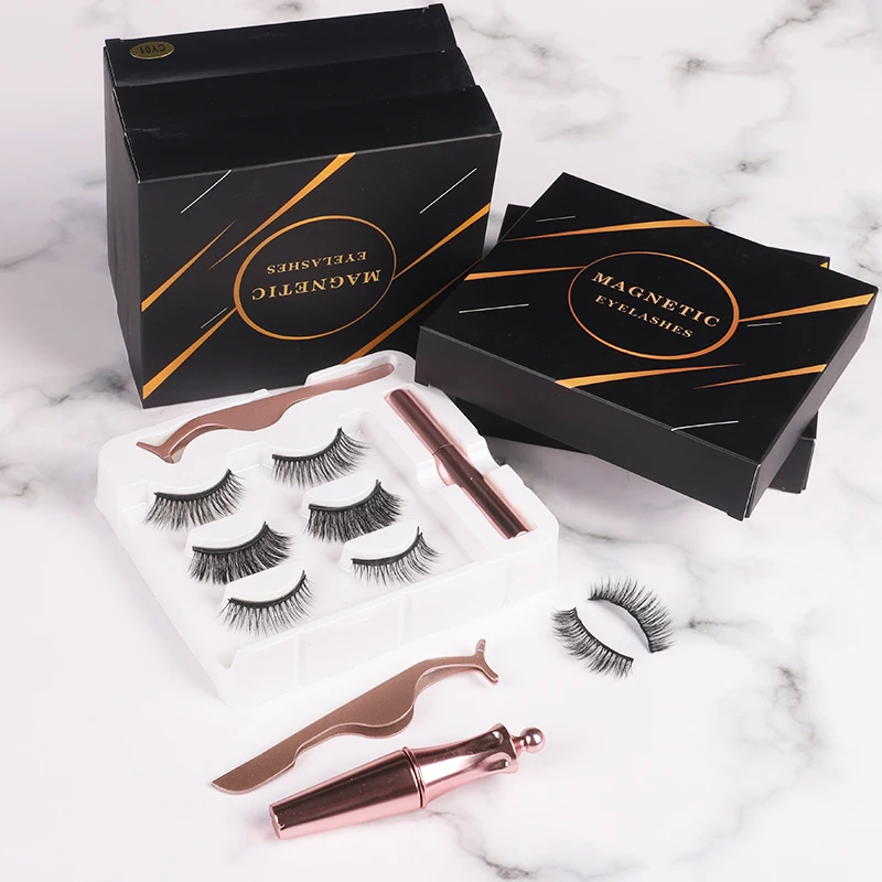 

wholesale custom Logo Siberian 3D fake mink magnetic eyelashes set with eyeliner and tweezers, Natural black