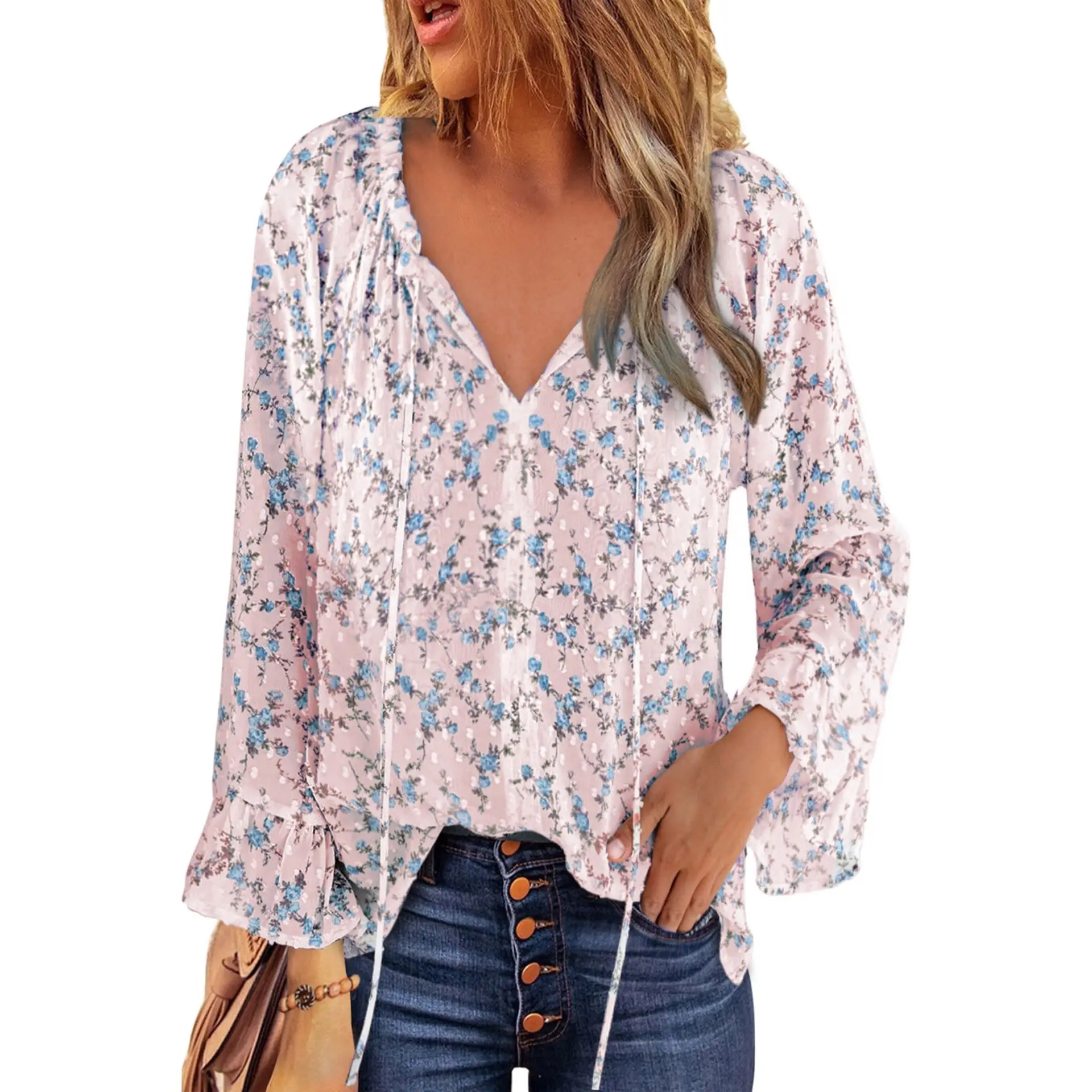 

Free Shipping SD490 Floral Print Drawstring Long Bell Sleeve Blouse Women Summer Beach Boho Plus Size Casual Loose Blouse Tops