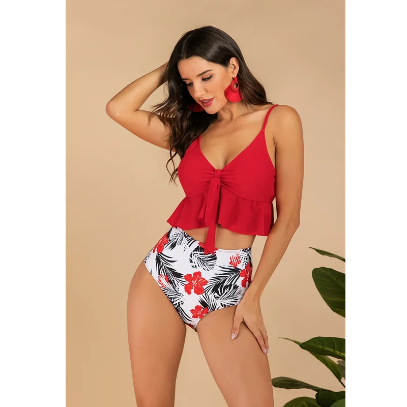 

Plus Size Swimsuits For Women Two Piece Bathing Suits Ruffled Flounce Top Swimwear High Waist Bottom Bikini Set, As picture
