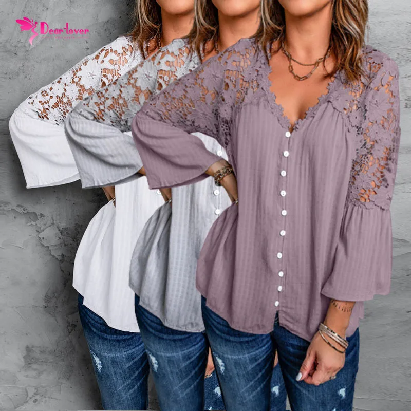 

2021 Hot Sale Women Elegant V Neck Pullover Loose Shirts Tops Crochet Lace Ladies' Blouses, Customized color