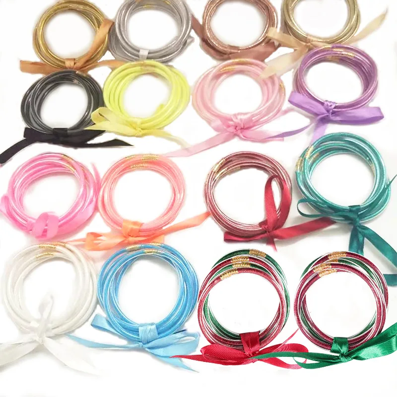 

Tube Sequins Bowknot Glitter Filled Jelly Bracelets Stacked Multilayer All Weather Bangles Bracelets Set, Different colors