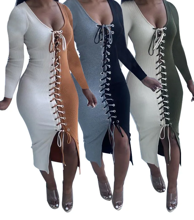 

Ready to Ship ribbed knitted two tone long sleeve bandage maxi casual fall dresses for women