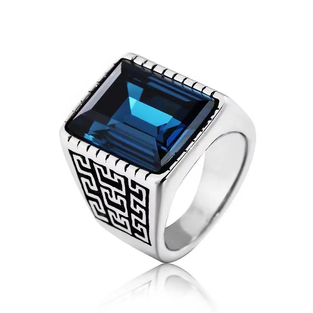 

Men's ring retro Sapphire Ring Stainless Steel domineering Great Wall pattern ring