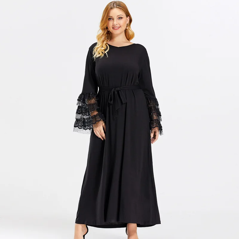 

Europe America black patchwork lace sleeve waist strap loose big size 4XL fat women long dress, Customized color