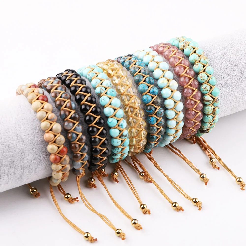 

Jewelry Factory Making 6MM Natural Stone Handmade Double Layers Braided Adjustable Bracelet with Custom Logo Women Men JBS12493