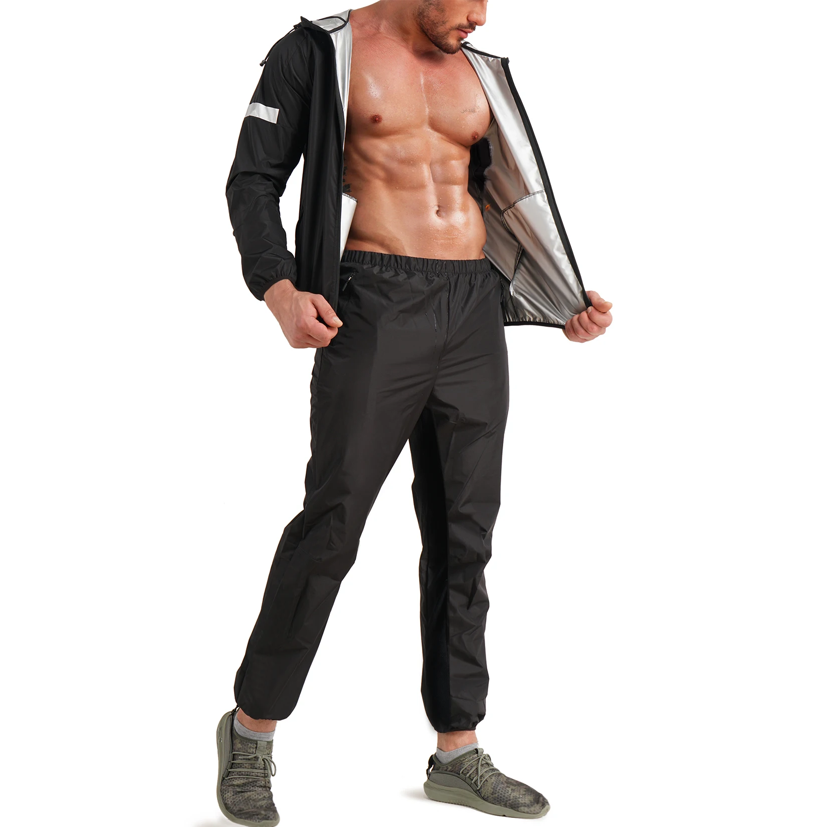 

New Listing Man Sauna Suits Set Speed Up Sweating Weight Loss Jacket and Pants Sauna Suits Men, Black