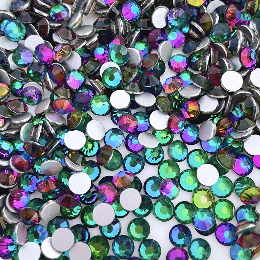 Green Flare Volcano Bling Flat Back Non Hot Fix Silver Base Crystal Glass Rhinestone Grade AA Eco-Friendly Bulk for Nail Art