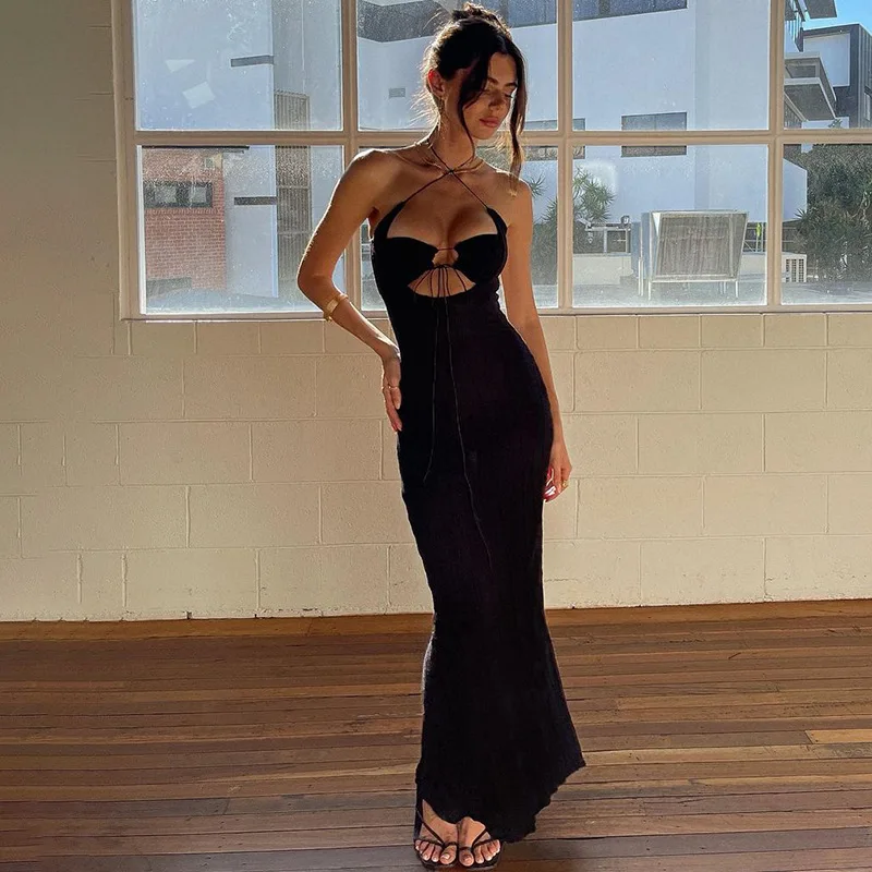 

CUTENOVA D21DS463 Elegant Women Halter Crisscross Outfits Backless Streetwear Party Evening Women Maxi Dress, Picture color