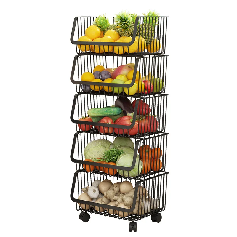 

High Quality Kitchen Multi-layers Fruit Vegetable Storage Basket with Wheel Household Kitchen Neatening Metal Storage Trolly, Black/white/silver