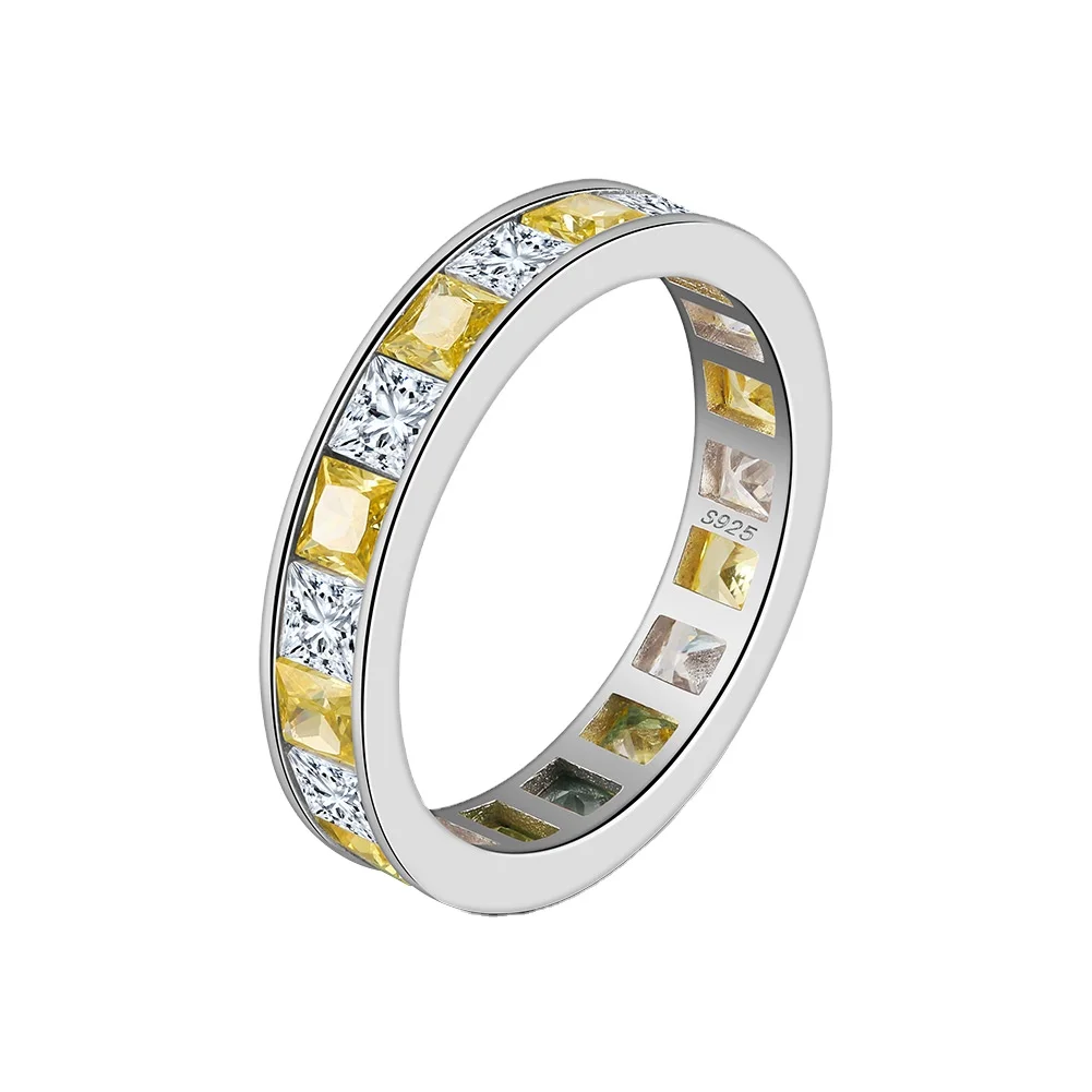 NEW Wholesale Fine Jewelry Yellow Cubic Zirconia 925 Silver White Gold Plated Rings Half Eternal Gemstone Ring Women