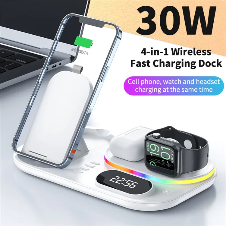 

LED Digital Clock 4 in 1 Folding Wireless Charging Station Dock For Xiaomi Samsung iPhone 13 12 Max Pro For AirPods iWatch