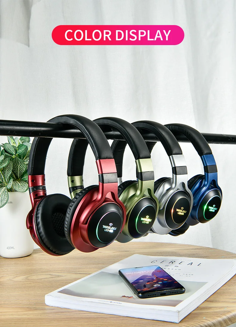 LED-008 LED Light Wireless Bluetooth Headphones 3D Stereo Earphone With Mic Headset Support TF Card FM Mode Audio Jack