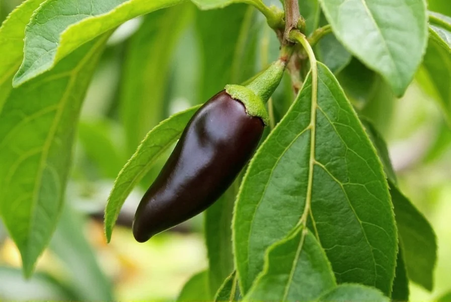 Close-up photograph of Black Cobra pepper plants showing immature purple-black peppers alongside maturing specimens with red streaks on a healthy green plant in garden setting